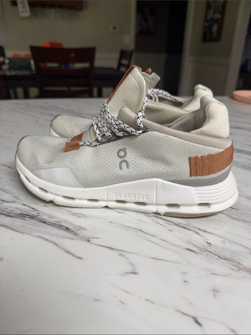 On Running White Sneakers with Tan Accents